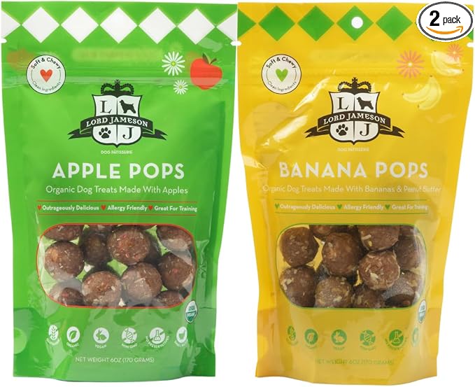 Lord Jameson Apple Pops and Banana Pops Bundle – Soft & Chewy Organic Dog Treats, Allergy Safe Treats for Training, Gluten-Free & Plant-Based, Made in USA