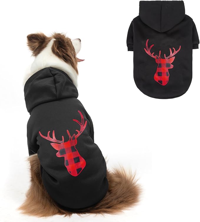 Christmas Dog Hoodie with Leash Hole, Warm & Soft Fleece Pet Sweater & Sweatshirt for Small Medium Large Dogs, Xmas Elk Print Pets Clothes Cold Weather Costume, L