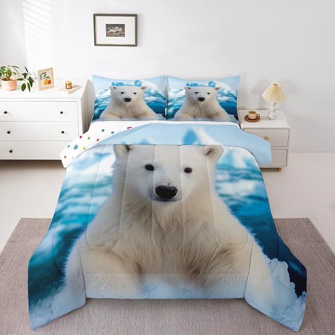 Erosebridal Polar Bear Comforter Set, Iceberg Pattern Down Comforter Full Size for Kids Boys Girls Teens Adult, Arctic Scenery Bedding Set, Cute Animal Quilted Duvet Bedroom Decor, Blue White
