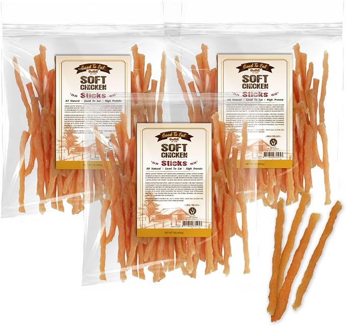 Soft Dog Treats, Chicken Jerky - Dog Training Treats; High-Protein, Gluten-Free, Soft Jerky for Dogs, Hypoallergenic, Grain-Free, Sticks 1 lb (Pack of 3)
