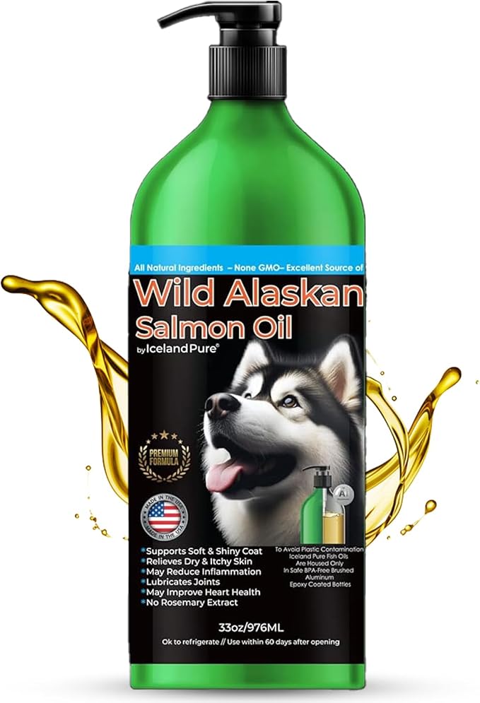 Wild Alaskan Salmon Oil for Dogs and Cats by | 1,043 mg of Omega-3 per Teaspoon | Salmon Oil & Pollock Blend | BPA-Free Brushed Aluminum Epoxy Coated Bottle with Pump - 33 oz
