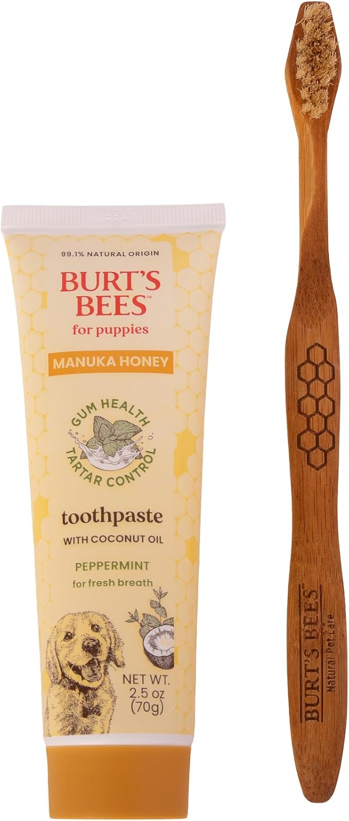 Burt's Bees for Pets Peppermint Puppy Dental Kit with Bamboo Toothbrush & Puppy Toothpaste, Manuka Honey & Coconut Oil for Gum Health, Tartar Control, 99.1% Natural Origin Formula, 2.5 Oz