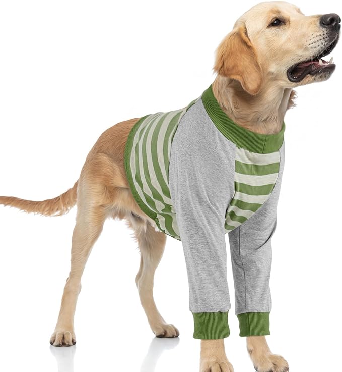 Dog Recovery Sleeve with Elbow Protector,Dogs Shirt Stop Licking Joints,Pet Long Sleeve Suit Protecting Dog's Front Leg Arm Wounds Cover Skin Conditions Green Stripes 2XL