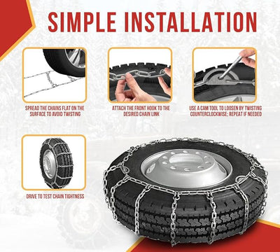 Mytee Products CAM Square Link Snow Tire Chain Compatible w/ 24.5" Rim Diameter & 11" Wide Car Pickup Low-duty Trucks SUV Tires, Emergency Tire Traction Grip Chains - Set of 2
