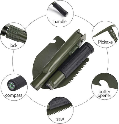 Gardening Folding Shovel Military Camping Shovel Survival Gear Entrenching Tool with Carrying Pouch Metal Handle for Camping Trekking Gardening Fishing Backpacking Snow (Green)