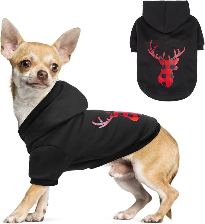 Christmas Dog Hoodie with Leash Hole, Warm & Soft Fleece Pet Sweater & Sweatshirt for Small Medium Large Dogs, Xmas Elk Print Pets Clothes Cold Weather Costume, XS