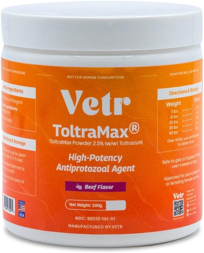 Toltramax 2.5% Toltrazuril Powder for Dogs, Cats, Horses, Anti-Coccidia, Antiprotozoal Agent, Safe for Puppies, Kittens, and Pregnant Animals, 100g (Beef Flavored)