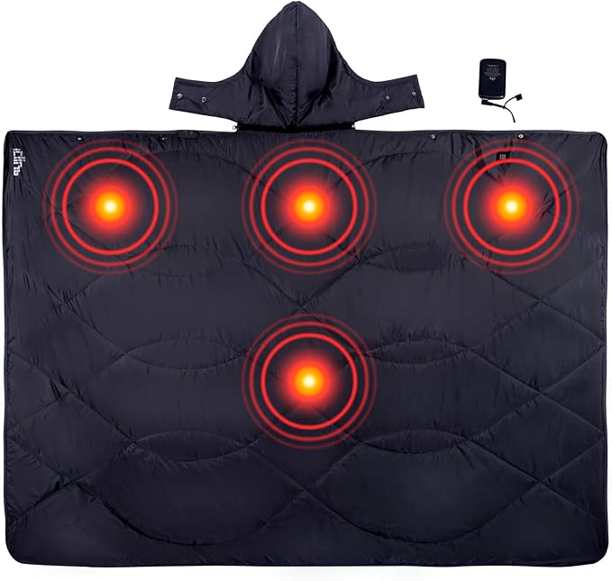 iClimb Heated Camping Blanket with Hood and 5V 5000mAH Battery Pack (Black)