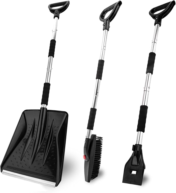 3-in-1 Portable Snow Shovel Kit with Ice Scraper and Snow Brush, Emergency Collapsible Design Snow Remover Set for Garden, Camping, Car, Trucks and Other Outdoor Activities