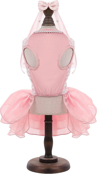 ASENKU Dog Dress, Dog Wedding Dress, Pet Lace Princess Dress with Bows for Wedding Birthday Party, Puppy Formal Apparel with Pearl Necklace for Small Medium Dogs (Pink, Medium)