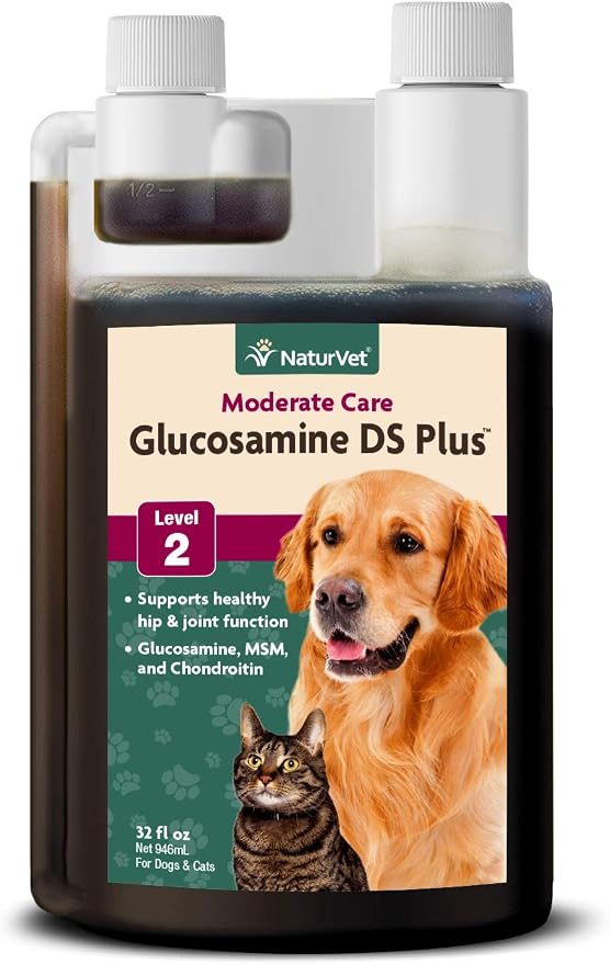 Glucosamine DS Plus Hip & Joint Support Liquid Pet Supplement – Level 2 Moderate Care for Dogs & Cats – Includes Glucosamine, MSM, Chondroitin – 32 Oz