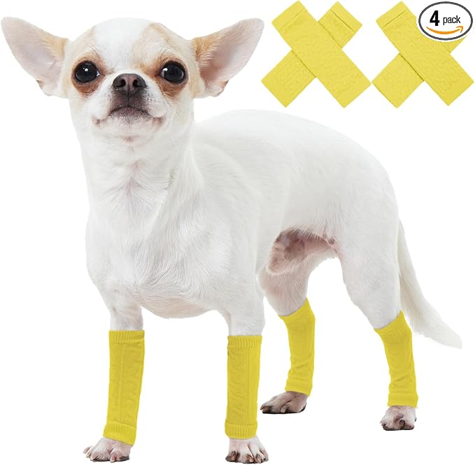 Puppy Socks for Small Dogs, 2PCS Front Leg and 2PCS Back Leg Elbow Wrap, Leg Warmer Wrap Protector, Pet Elastic Knitted Breathable Protective Sock Yellow for Toy Poodle, Pomeranian S