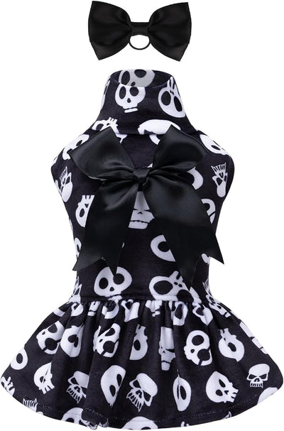 CuteBone Turtleneck Dog Velvet Dress Halloween Puppy Skirt Costume Pet Clothes Cat Apparel with Bow Hair Rope for Small Dogs CVD11XS