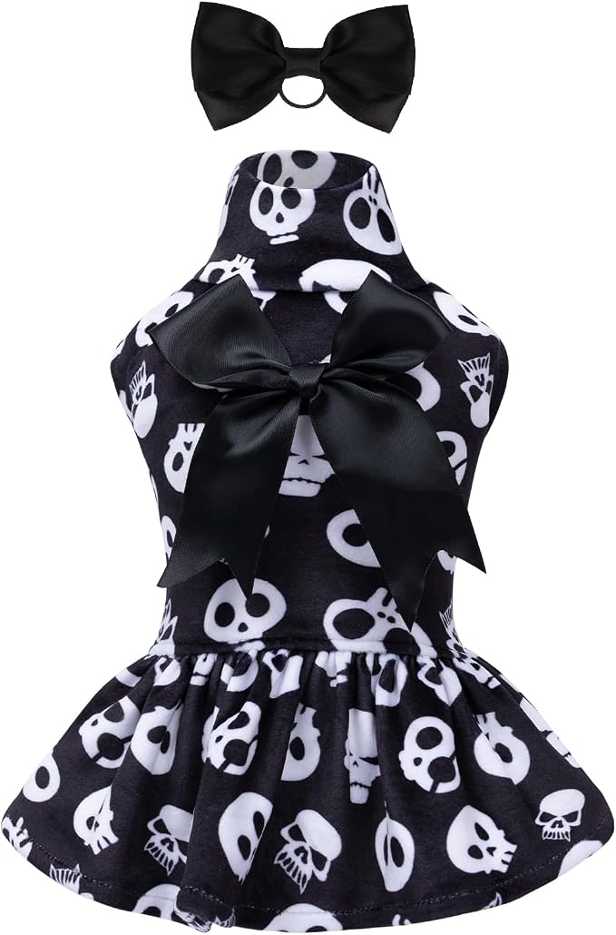 CuteBone Turtleneck Dog Velvet Dress Halloween Puppy Skirt Costume Pet Clothes Cat Apparel with Bow Hair Rope for Small Dogs CVD11XXS