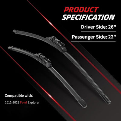 OTUAYAUTO 26"+22" Windshield Wiper Blades Replacement for Ford Explorer 2011-2024 Pinch Tab All-Extreme Weather Performance Quiet No Trace Front Winddow Wipers (Pack of 2)