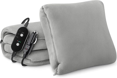 Car Heated Blanket, 12/24V Portable Heated Blanket for Car, Machine Washable Flannel Travel Blanket, 3 Heating Levels, 60x44 Inches, 4-in-1 Design, Convenient Storage for Camping,Grey