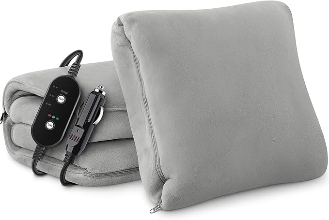 Car Heated Blanket, 12/24V Portable Heated Blanket for Car, Machine Washable Flannel Travel Blanket, 3 Heating Levels, 60x44 Inches, 4-in-1 Design, Convenient Storage for Camping,Grey