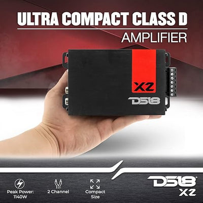 DS18 X2 Ultra Compact Car Audio Amplifier Class D 2 Channel Full Range 1140 Watts Peak (Renewed)