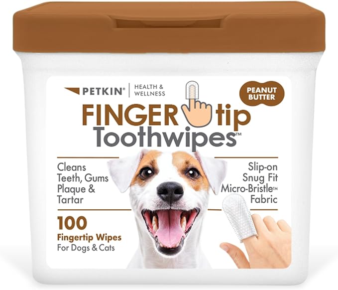 Fingertip Tooth Wipes for Dogs and Cats, 100 Finger Wipes - Slip-On, Snug Fit, Micro-Bristle Fabric - Cleans Teeth, Gums, Plaque & Tartar - Convenient, Ideal for Home and Travel - Peanut Butter