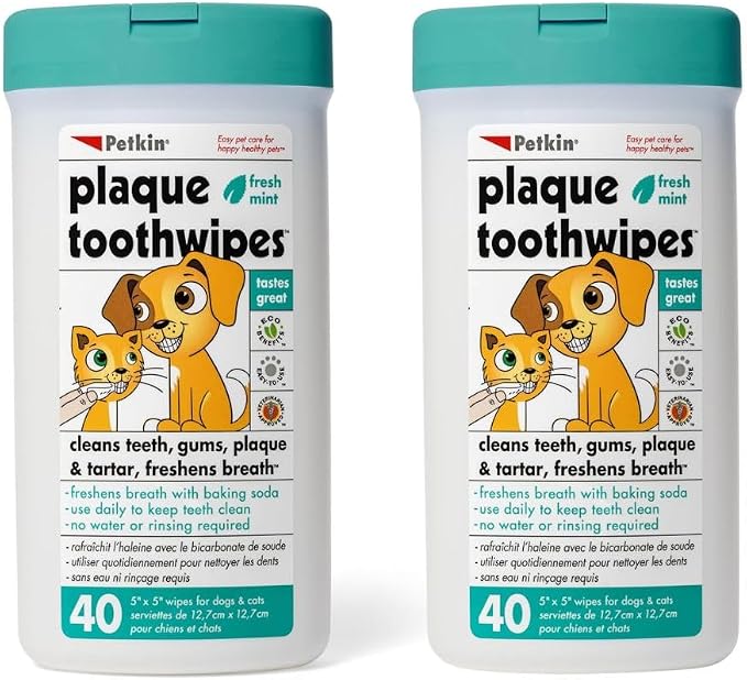 Cat and Dog Dental Wipes, 80 Wipes (Fresh Mint) - Natural Formula Cleans Teeth, Gums & Freshens Breath - for Daily Use - Convenient Dog Dental Care - 2 Packs of 40 Wipes (80 Wipes Total)