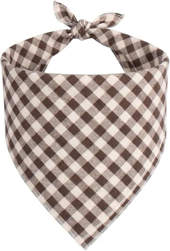 Cotton Linen Dog Bandanas 1 Pack, Plaid Checkered Bandana for Large Dogs, Soft Breathable Classic Dog Apparel & Accessories (Khaki Plaid, Large)