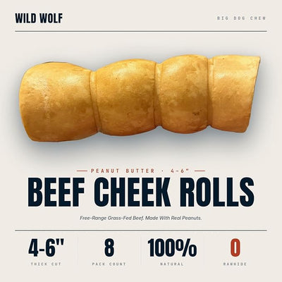Wild Wolf 4-6" Peanut Butter Beef Collagen Cheek Rolls for Dogs (8 Pack) - 100% Natural Big Dog Chew - No Rawhide - Free-Range Grass-Fed, Packed with Protein - for Aggressive Chewers