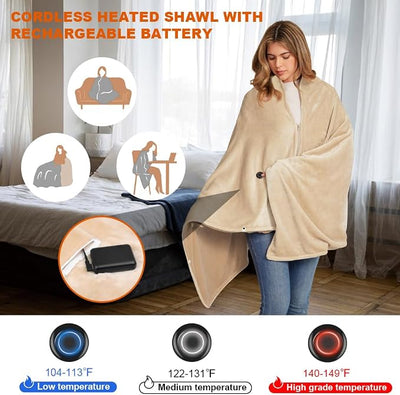 Heated Blanket Battery Operated 5V 10000mAh Battery 62" x 35" Portable Heated Shawl Wraps for Women Men Cordless Rechargeable Heated Blanket 3 Heating Settings 6 Heating Zones(Khaki)