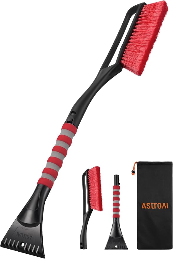 AstroAI 27" 2-in-1 Detachable Snow Brush & Ice Scrapers for Car Windshield | Snow Removers with No-Scratch Bristles, Ergonomic Handles & Easy Storage, Winter Accessories for Cars, SUVs, Trucks (Red)