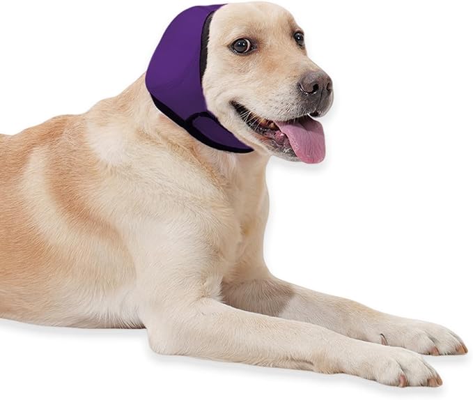Dog Ear Cover for Hematoma,Bathing,Grooming,Drying,Fashion No Shake Ear Wraps for Dogs Ear Muffs Noise Protection Anxiety Relief,Waterproof Dog Calming Hoodie Shower Cap(Purple,L)