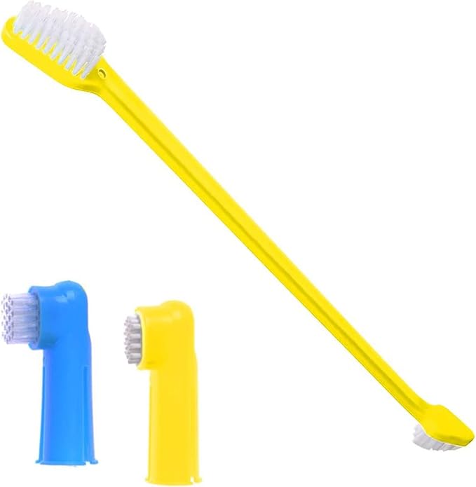 Dog Toothbrush Set, Dual-Headed Brush, 2 Bonus Finger Brushes Included, Removes Plaque, freshens Dog's Breath, Use with Dog Toothpaste, 3 Pcs
