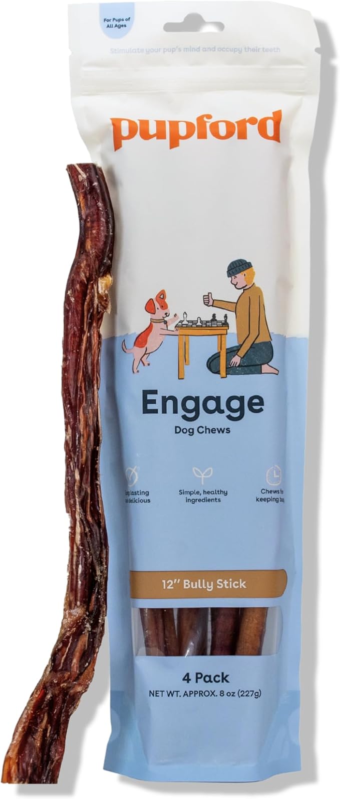 Thick Bully Sticks for Dogs & Puppies, Smoked for Improved Smell, Natural, Long-Lasting, Single Ingredient Chews for Medium & Large Breeds (12", 4 Count)