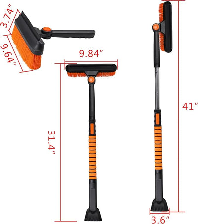Set Orange Black Silver Snow Brush Ice Scraper with Extendable Handle w/Foam Grip, 41" Length, 180° Pivoting Head, Storage Bag, for Car Windshield Auto Truck SUV Home Use Winter Christmas