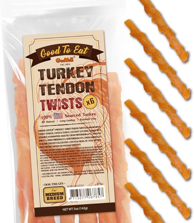 Turkey Tendons for Dogs –All-Natural, Hypoallergenic Dog Treats, Rawhide Alternative, Long Lasting Puppy Chews, Healthy Dog Treats for Medium Breeds, Twists (M), 6 Count Pack