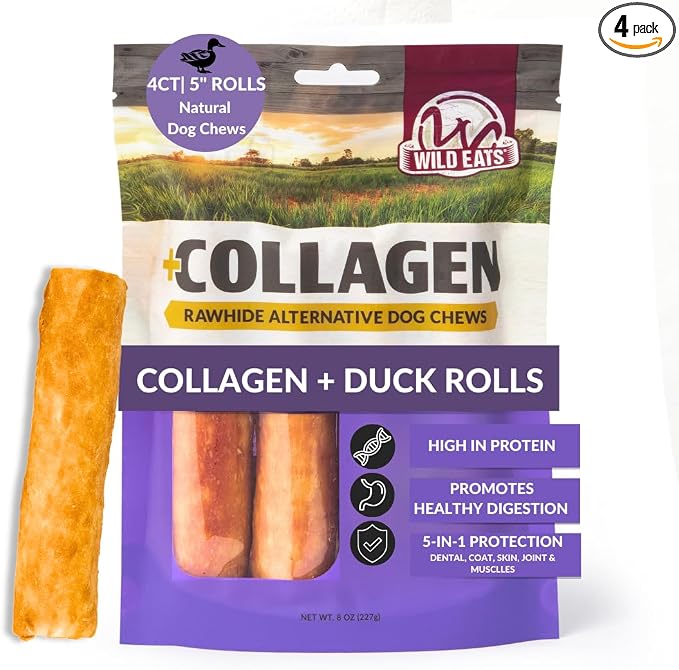 Duck Flavor Collagen Retriever Style Cheek Roll 5" Dog Chews-4 Pack (Long Lasting Dog Chews Treats & Bones for Medium Dogs) Substitute for Pig Ears for Dogs