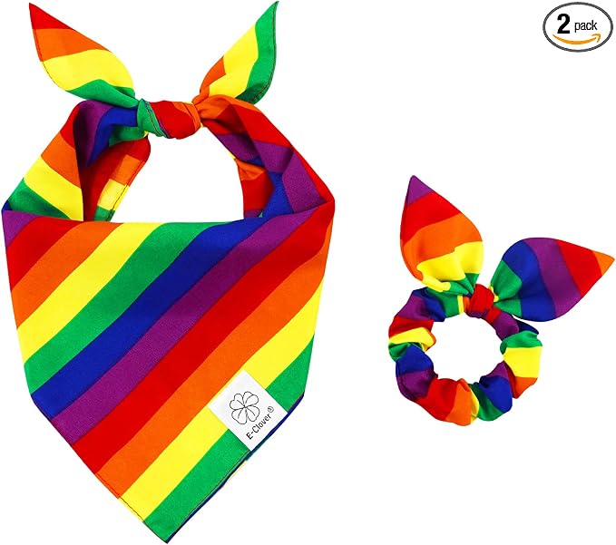 E-Clover Pride Dog Bandanas & Matching Scrunchie Set Rainbow Dog Bandana Scarf with Hair Tie for Medium Large Dogs Pet Owner Mom Gifts