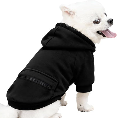 Jecikelon Dog Hoodies for Small Dogs with Zipper Pocket, Soft Fleece Puppy Clothes with Rope Hat, Warm Winter Outfits Cold Weather Coats, Cute Sweatshirt Chihuahua Costume (Large, Y02-Black)