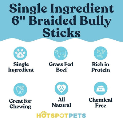 Braided Bully Sticks for Dogs - 6 Inch (5 Pack) - Rawhide Free | All Natural Long Lasting, Low Odor, Twisted Beef Pizzle Dog Chew Treats - Grain Free Fully Digestible