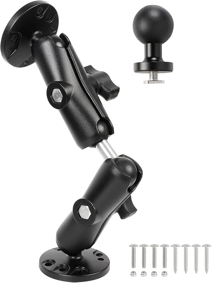 AMPS Round Plate Drill Base for Fish Finder, T-Bolt Track Mount with Aluminum Long Arm Extension for Garmin Striker 4 / Plus 4 / Vivid 4cv, Compatible with RAM Mounts/GPS Chartplotter Holder/Boat