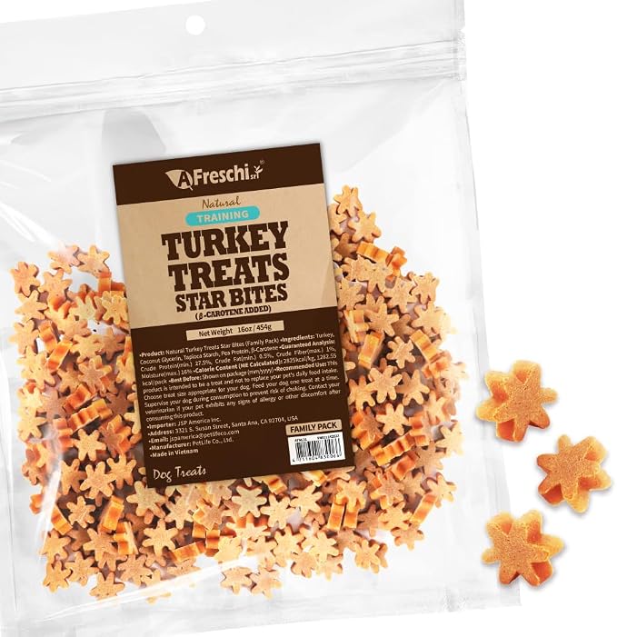 Natural Turkey Treats, Hexagonal Shape, USA-Sourced Trukey, All-Natural, Hypoallergenic, Low-Fat, Healthy & Easily Digestible, Puppy & Training Snack & Small Dogs, Star Bites 16 oz