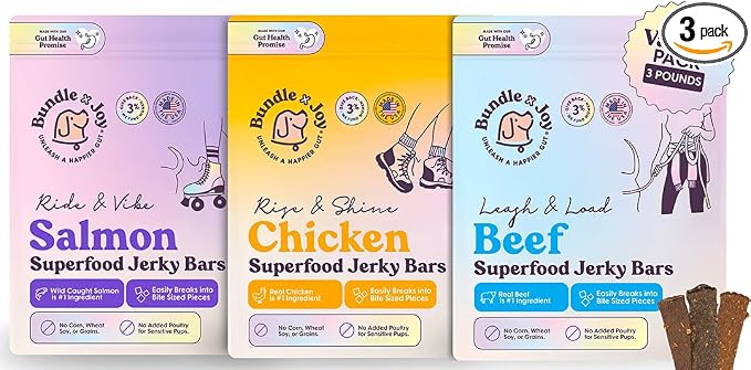 Dog Jerky Treats - Variety 3-16 Oz Bags Bags, Beef, Chicken & Salmon, Natural Superfood - Corn, Poultry, Soy & Grain Free Dog Treats Made in USA Only