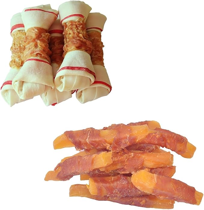 Dog Treats Chicken Wrapped Rawhide Bones and Chicken Wrapped Sweet Potato Dog Treats, Puppy Training Snacks