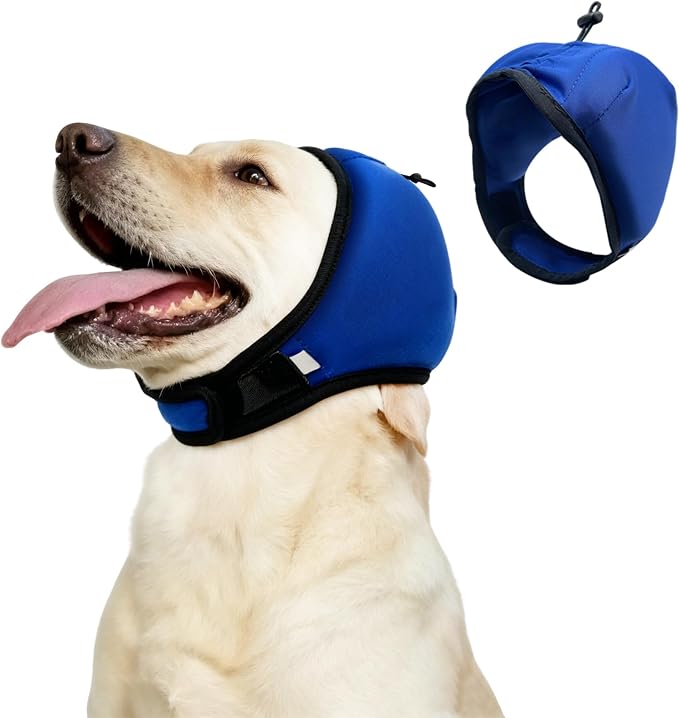 2CM Noise Reduction Padding Dog Ear Muffs Noise Protection Comfort Calming Hoodie for Fireworks Anxiety Adjustable Dog Ear Covers for Grooming with Elastic Eye Strap Polyester