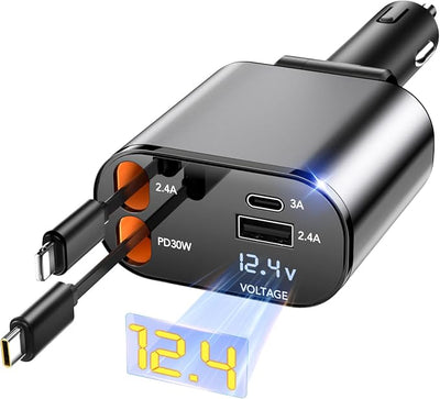 84W Retractable Car Charger,Car Phone Charger USB C Fast Charge for iPhone | EloBeth Car Charger,Cigarette Lighter USB Charger Car Accessories,Road Trip Essentials Gift for Men,for iPhone 17/16,Galaxy