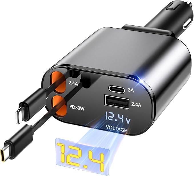 84W Retractable Car Charger,Car Phone Charger USB C Fast Charge for iPhone | Car Charger,Cigarette Lighter USB Charger Car Accessories,Road Trip Essentials Gift for Men,for iPhone 17/16,Galaxy