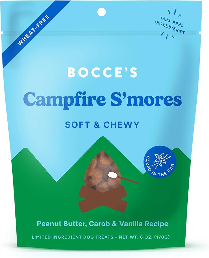 Bocce's Bakery Campfire S'Mores Treats for Dogs, Wheat-Free Everyday Dog Treats, Made with Real Ingredients, Baked in The USA, Natural Soft & Chewy Cookies, Peanut Butter, Carob, & Vanilla, 6 oz