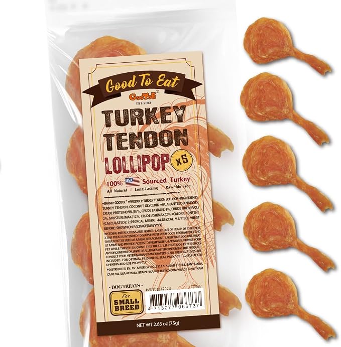 Turkey Tendons for Dogs –All-Natural, Hypoallergenic Dog Treats, Rawhide Alternative, Long Lasting Puppy Chews, Healthy Dog Treats for Small Breeds, Lollipop (S), 5 Count Pack