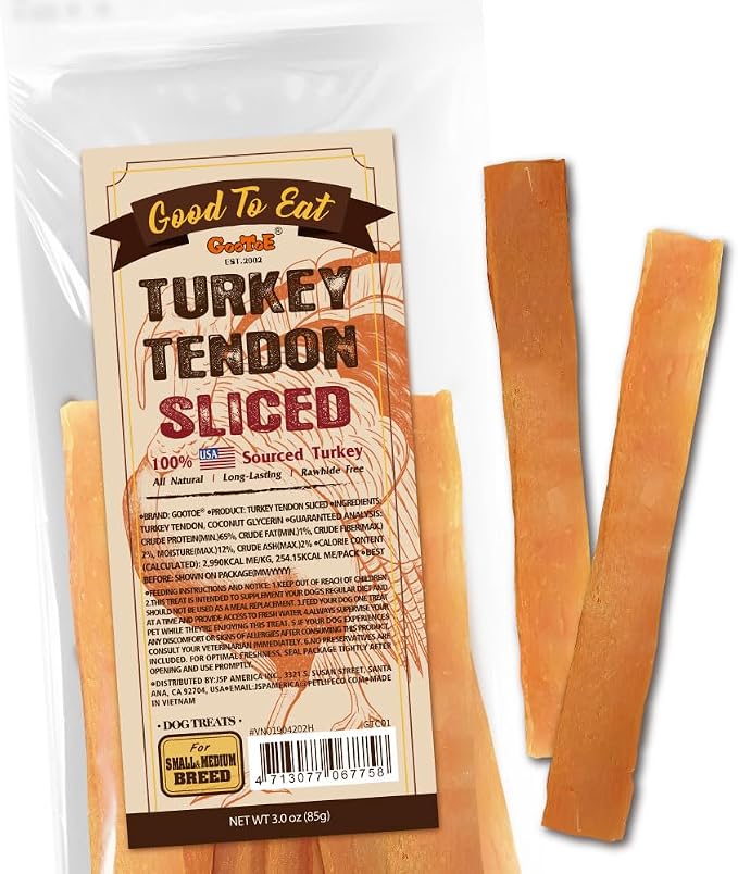 Turkey Tendons for Dogs –All-Natural, Hypoallergenic Dog Treats, Rawhide Alternative, Long Lasting Puppy Chews, Healthy Dog Treats for Medium Breeds, Sliced (M), 3 oz Pack