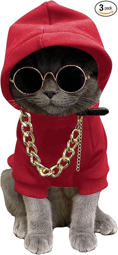 3Pcs Dog Hoodie Cat Apparel Dog Custume Set with Necklace and Sunglasses Pet Clothes for Puppy Small Medium Dogs Cats Red S