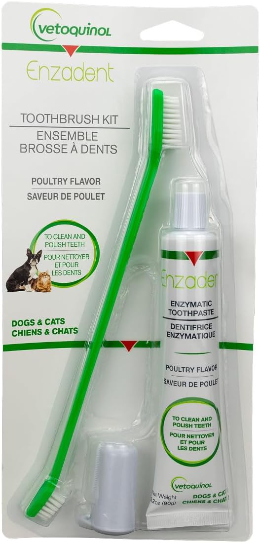 Enzadent Enzymatic Toothpaste Kit + Fingerbrush & Dual-End Toothbrush for Cats & Dogs – 3.2 oz, Poultry Flavor – Oral Dental Care Kit: Removes Plaque, Polishes Teeth & Freshens Breath