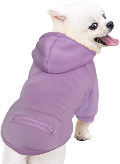 Jecikelon Dog Hoodies for Small Dogs with Zipper Pocket, Soft Fleece Puppy Clothes with Rope Hat, Warm Winter Outfits Cold Weather Coats, Cute Sweatshirt Chihuahua Costume (Purple, Large)